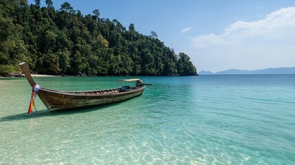 Fototapeta premium A long-tail boat floating in the crystal-clear sea near Koh Rok.