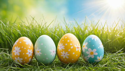 Four painted Easter eggs on a spring day with a green meadow, bright sunlight and warm background colour with space for text
