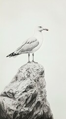 Obraz premium A detailed pencil drawing of a seagull perched on a rocky surface, showcasing its distinctive features and natural beauty in an artistic style.