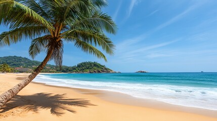 Idyllic tropical beach scene; palm tree, golden sand, azure sea, clear sky