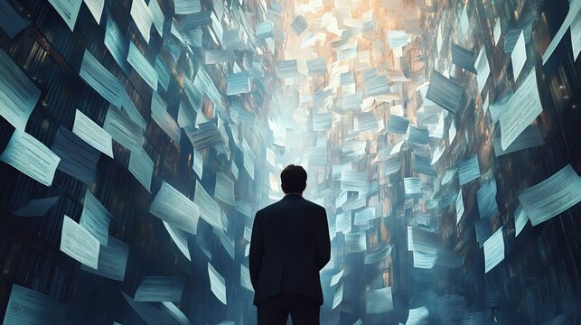 A man stands before a cascade of floating papers in a surreal, dreamlike environment, symbolizing overwhelming tasks and information.