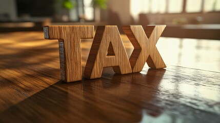 Wooden letters spelling tax on a glossy table, emphasizing finance and accounting themes in a modern office setting.