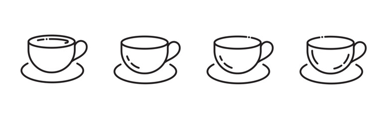 Set of four cup and saucer line icons isolated on transparent background. Coffee or tea cup linear icons. 