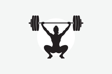 minimal black silhouette of a person performing a snatch lift. The figure is in a wide stance, lifting a barbell overhead in one swift motion, arms fully extended