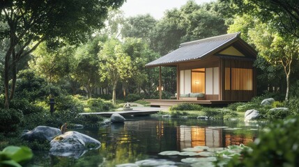 Obraz premium A picturesque Japanese tea house nestled within a peaceful Zen garden surrounded by greenery