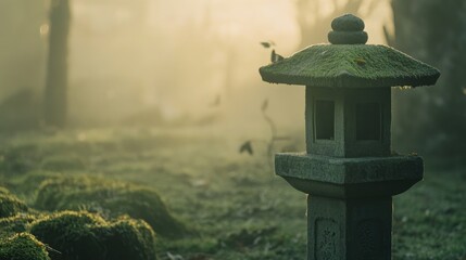 Naklejka premium A quiet stone lantern in Kyoto's moss-covered temple garden under soft morning light