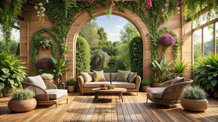 Serene Outdoor Patio Design Featuring Woven Furniture and Lush Greenery, Creating a Tranquil Relaxation Space