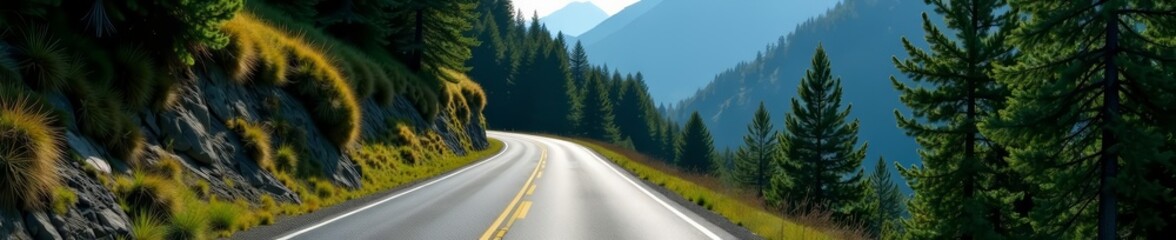 Serpentine mountain road surrounded by dense pine trees, forest, French Alps, travel