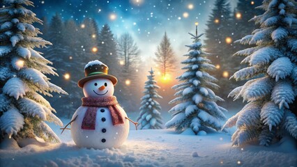 Obraz premium A cheerful snowman stands amidst a snowy winter wonderland, illuminated by soft, warm lights twinkling among snow-covered evergreen trees at dusk