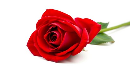 Fototapeta premium A single, perfect red rose, petals unfurled, isolated on pure white, stem, beautiful