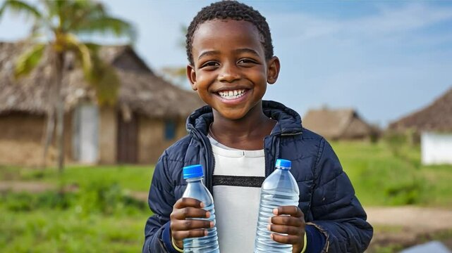 Joyful Boy with Water Bottles: A heartwarming portrait of a smiling young boy holding two refreshing water bottles.