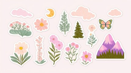 Vintage nature stickers collection, moon and stars design, pastel clouds, wildflowers, colorful butterfly, pine trees, mountain scenes, faded paper aesthetic, artistic arrangement