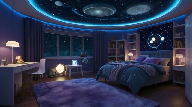 Celestial-Themed Cozy Bedroom for Kids with Glow-in-the-Dark Features