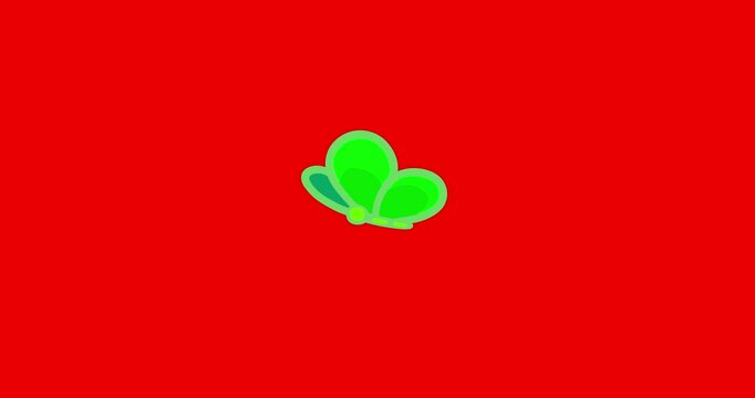 Cartoon classic butterfly green wings on red screen background. Cute 4k video linear flying character redbox animation seamless loop 2d advertisemenet style good for commercial advertising.