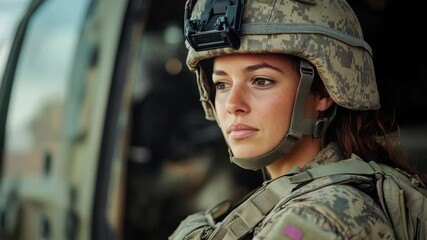 National Invest in Veterans Week Confident female soldier in military uniform with tactical gear on duty