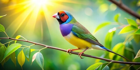 Fototapeta premium Vibrant Bird Perched on a Branch, Bathed in Sunlight's Golden Rays, Amidst Lush Green Foliage