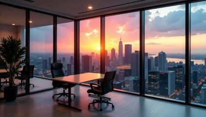 A sleek modern office space with floor-to-ceiling windows showcasing a stunning city view at sunset, architecture, modern