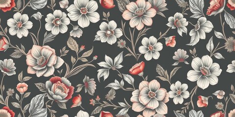 Subtle charcoal floral wallpaper pattern; intricate hand-drawn details, seamless repeat, home, pattern