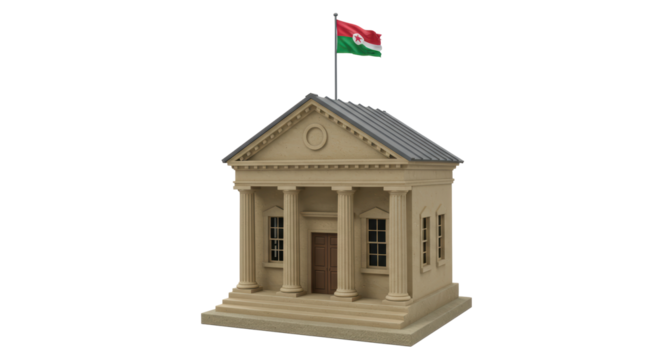 Isolated Bank Building Facade with Flag