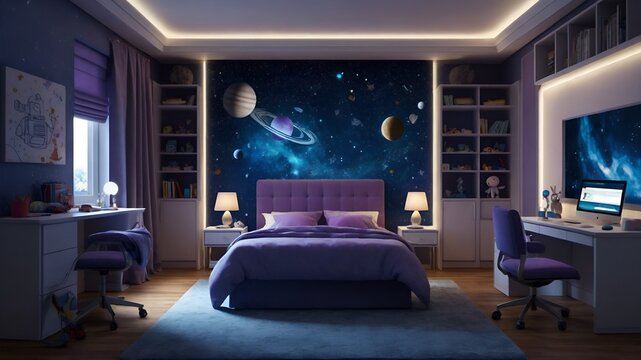 Cozy Children's Bedroom with Space-Themed Decor and Glowing Accents
