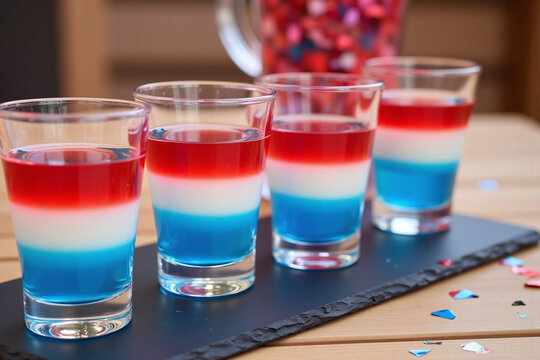 row of shot glasses filled with red white and blue jello