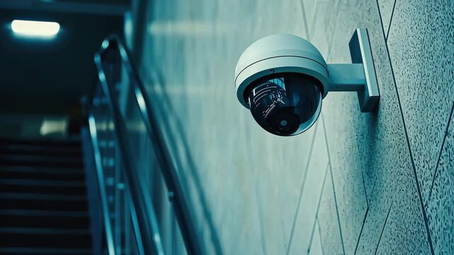 Security Camera Installed in Modern Indoor Stairway Setting