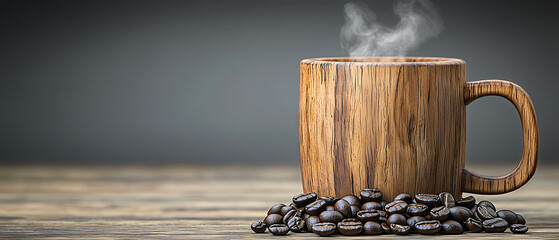 Steaming Coffee in Wooden Mug: A rustic wooden mug filled with hot, aromatic coffee releases a trail of inviting steam. Resting on a bed of coffee beans.