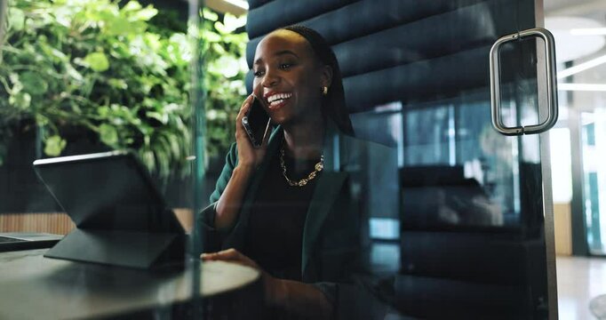Business, phone call and tablet with black woman in office for planning, privacy or research. Communication, corporate and thinking with African employee in pod at workplace for mobile conversation