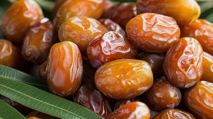 Fresh Dates Piled Together with Palm Leaves Background  