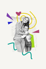 Trend artwork banner sketch 3D photo collage of young lady hugs daughter school age gratitude...