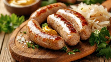 A serving of German bratwurst with sauerkraut and mustard on a wooden platter.