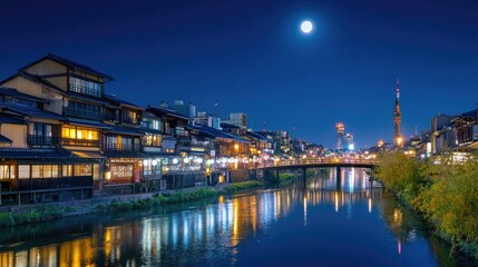 A traditional wooden bridge crossing a serene river in Kyoto's historic district