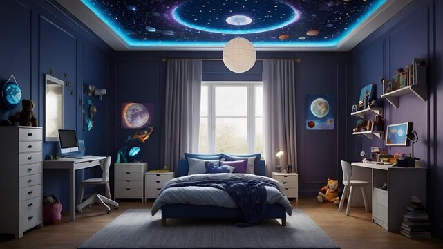 Space Adventure-Themed Bedroom with Illuminated Cosmic Decorations