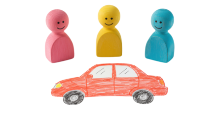Isolated Car Drawing with Wooden Figures