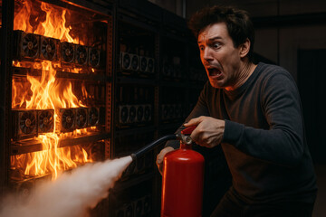Panicked man using extinguisher on server fire emergency
