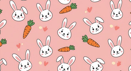 Obraz premium Adorable Bunny Carrot Pattern Delightful Pink Design AI Generated
