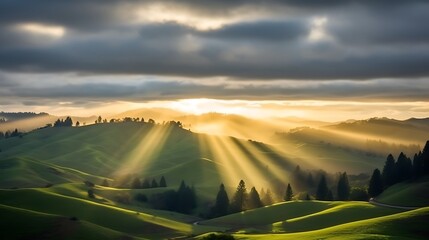 Sunbeams Illuminate Rolling Green Hills Landscape