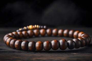 Close-Up of Wooden Prayer Beads on Dark Background, Symbolizing Spirituality and Meditation