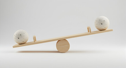 Wooden Seesaw Balancing Speckled Spheres Against White Backdrop Symbolizing Equilibrium and Fairness