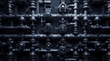 An intricate network of steel pipes and valves, partially illuminated against a black background.