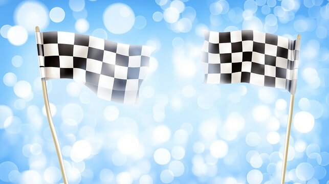 Checkered flag graphic design with an abstract background of dust and particles, a dynamic racing theme.