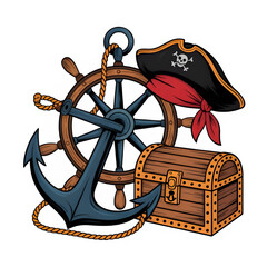 pirate with map ,nautical, pirate, sea ornaments isolated on transparent background	