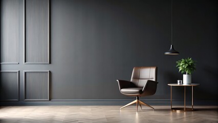 Serene Interior Design Brown Leather Armchair, Modern Pendant Light, and Elegant Side Table in a Sophisticated Room with Gray Walls and Wood Flooring