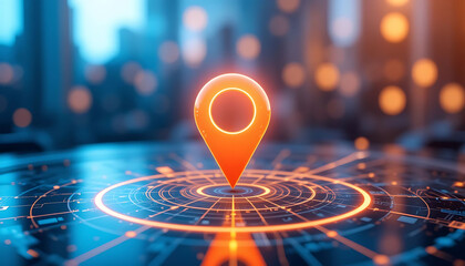 Digital Location Pin on Futuristic Circuit Board with Cityscape Background