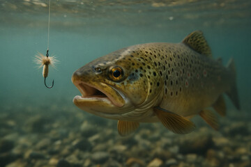 Curious trout underwater approaching fly fishing lure
