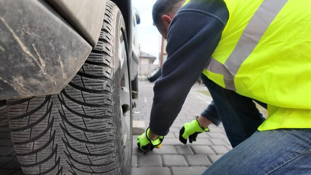 A guy changes tire on street to summer tire in nature