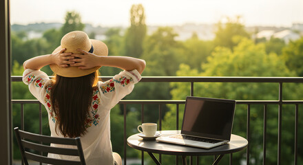 Fototapeta premium Woman in Straw Hat Relaxing on Balcony with Laptop Coffee and City View During Golden Hour
