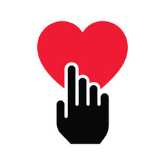 Hand pointing to a red heart icon, expressing affection.