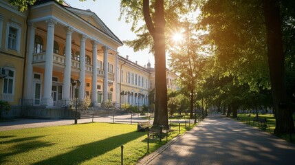 Obraz premium A university building with a mix of classic and modern architectural elements.