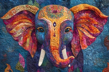 Obraz premium Colorful patchwork elephant head adorned with ornate stitched embellishments on a quilt